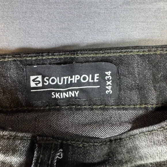 NWOT Southpole Jeans Mens 34x34 Black Skinny Distressed Paint Splatter Acid Wash - Picture 2 of 7